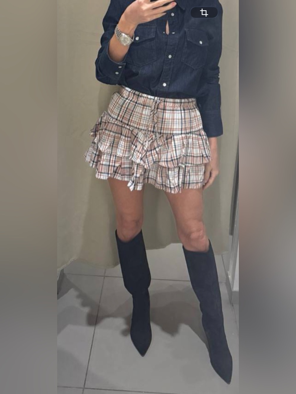 H&M Plaid Tiered Mini Skirt - Beige, Brown, Navy